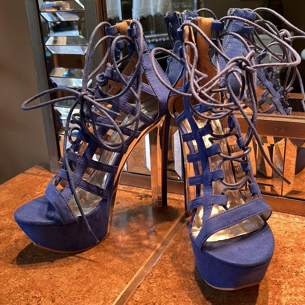 Blue Lace Up Platform Sandals